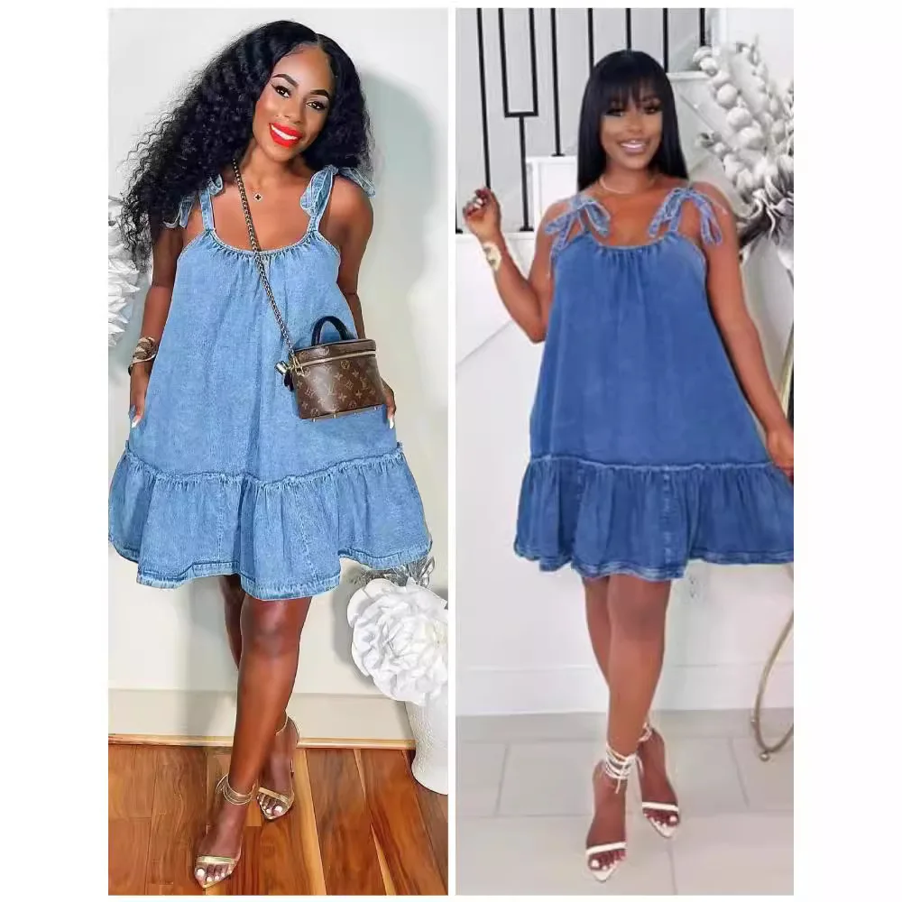 Abito sottoveste da donna Abiti in denim Una linea senza maniche con lacci Pieghe in difficoltà Abiti Streetwear 2025 Abito estivo vintage estivo