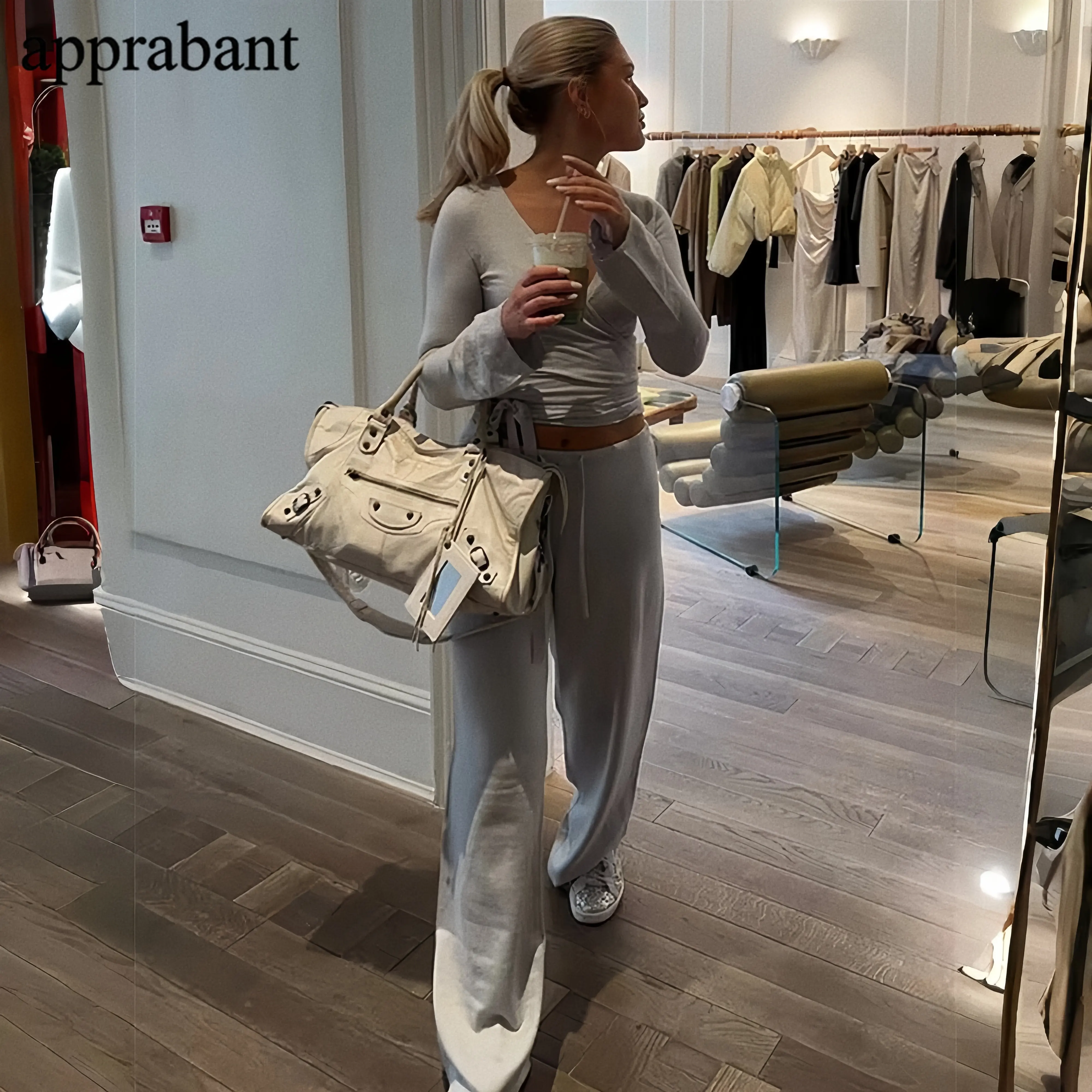 Apprabant Casual Fashion Drawstring High Waist Trousers Set Lace Up Flared Sleeve V Neck Twist Tops Plush Loose Pants Suit