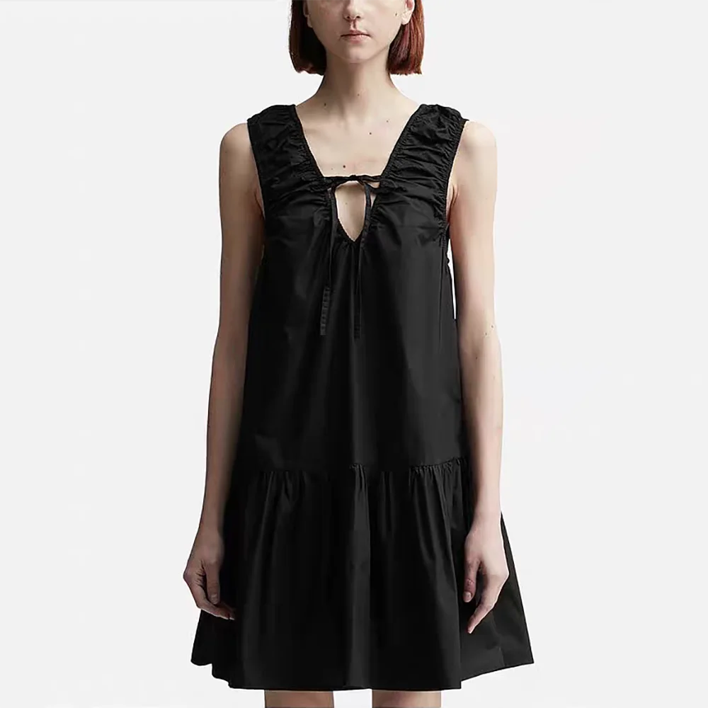 

Women's V-Neck Sleeveless A-line Dress, Loose Peplum, Tie Backless, Elegant Temperament, New, Early Autumn, Y2k, 2024