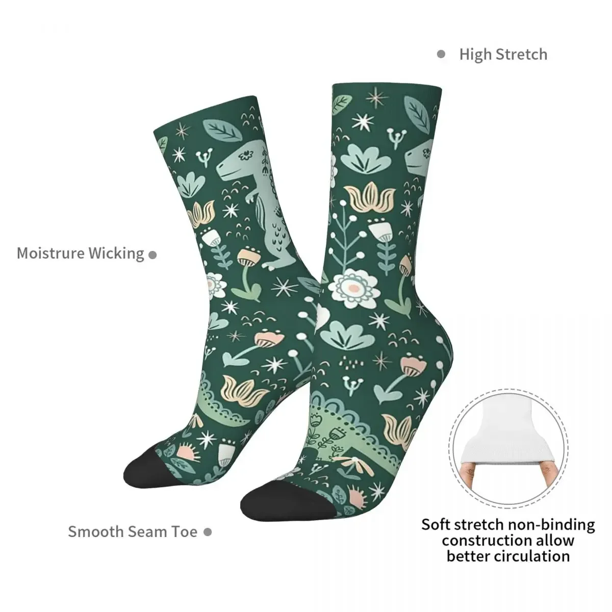 Folk Floral Dinosaur Socks Harajuku Sweat Absorbing Stockings All Season Long Socks Accessories for Man's Woman's Gifts