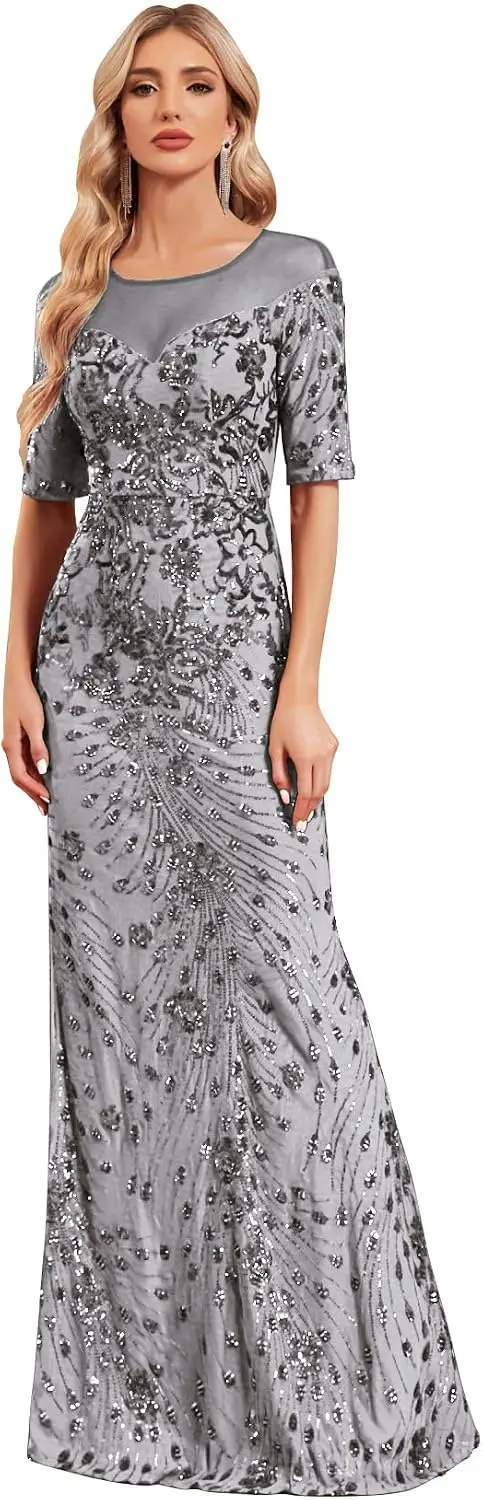 Short Sleeve Glitter Mermaid Evening Dress for Mother of The Bride Patchwork Women's Sequin Formal Gown