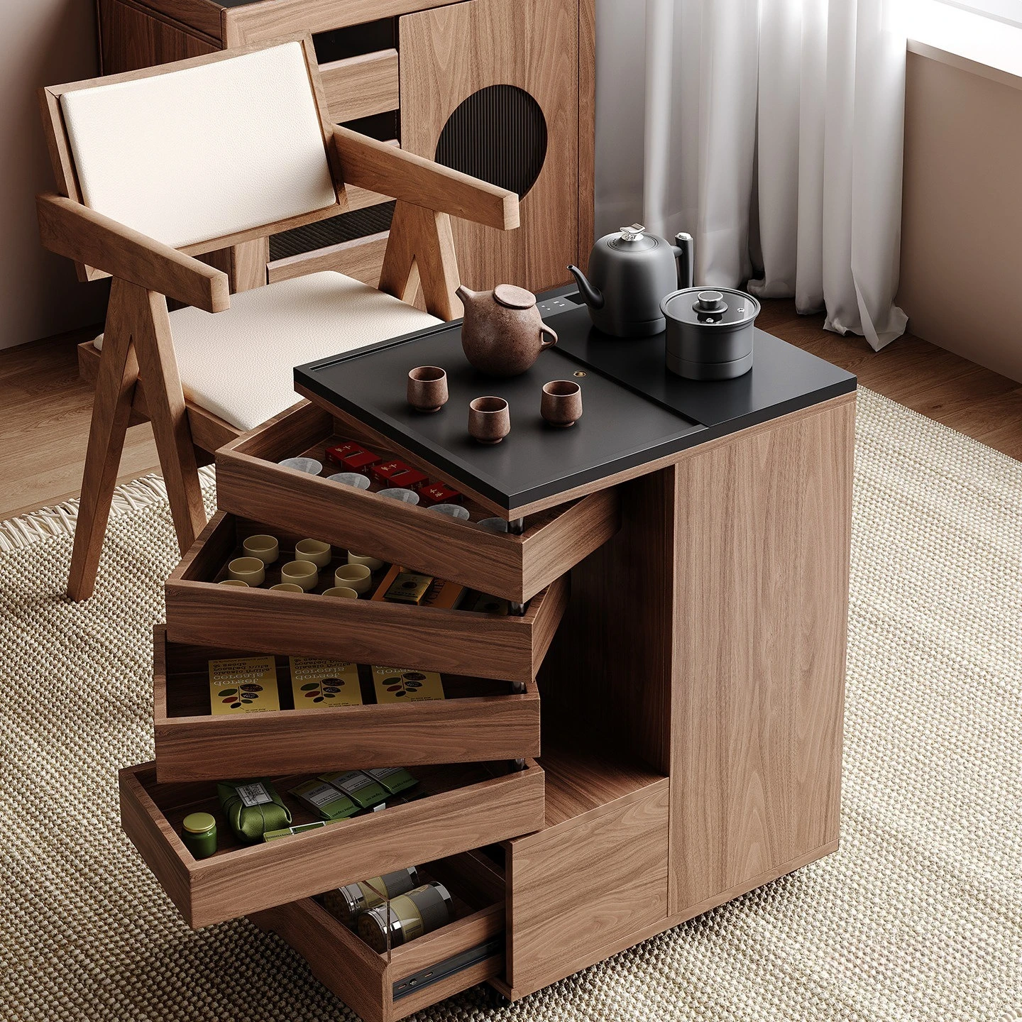 

Living room sofa side cabinet kettle integrated small solid wood tea cabinet