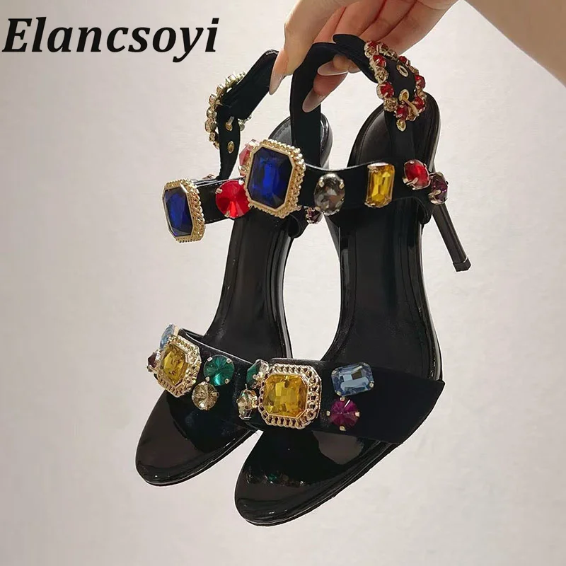 Sandals Shiny Diamond High Heel Sandals Women's Genuine Leather Stiletto Strap Sandals Summer New 2026 Fashion Party Shoes