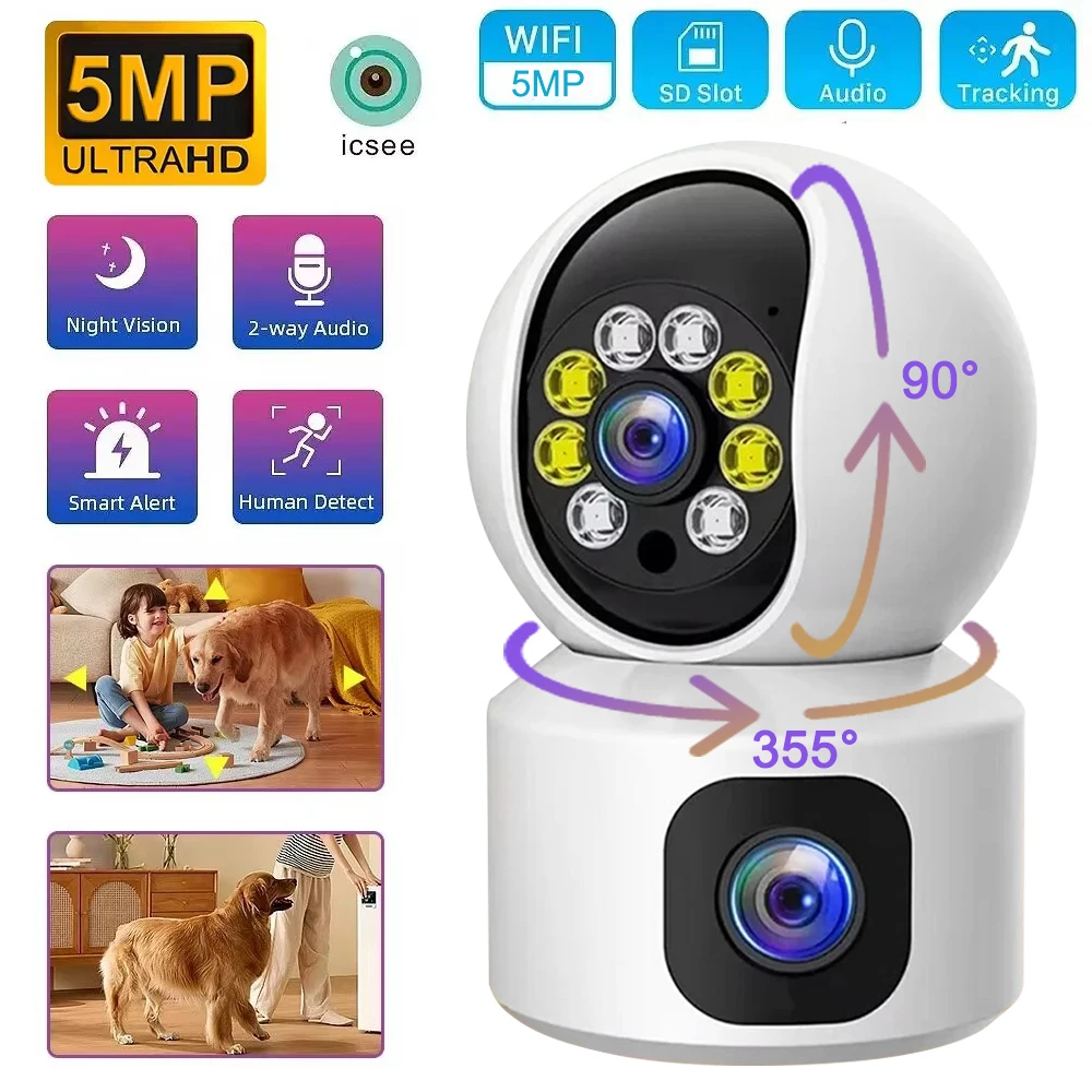 

5MP 4K WiFi Camera Dual Screen Smart Home Secuiry Cameras Baby Monitor AP Two-way Audio Color Night Vision CCTV Surveillance Cam