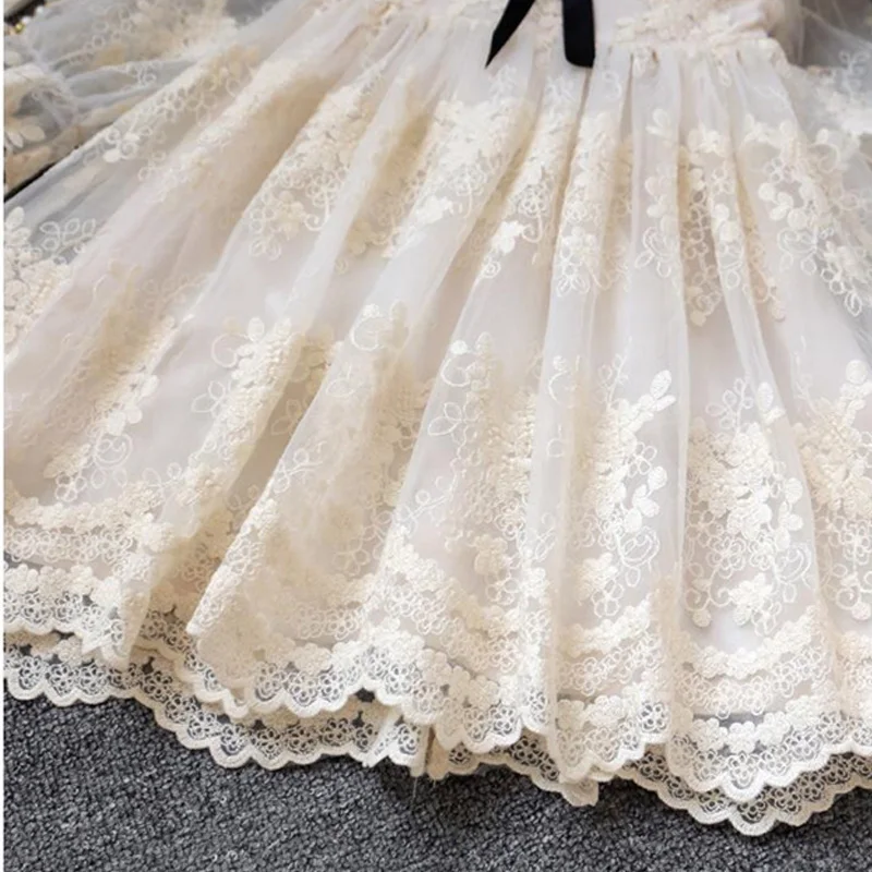 Girls Princess Mesh Dress Children Long-sleeved Lace Gown New Children\'s Sweet Bow Dresses Girl Birthday Party Tulle Dress