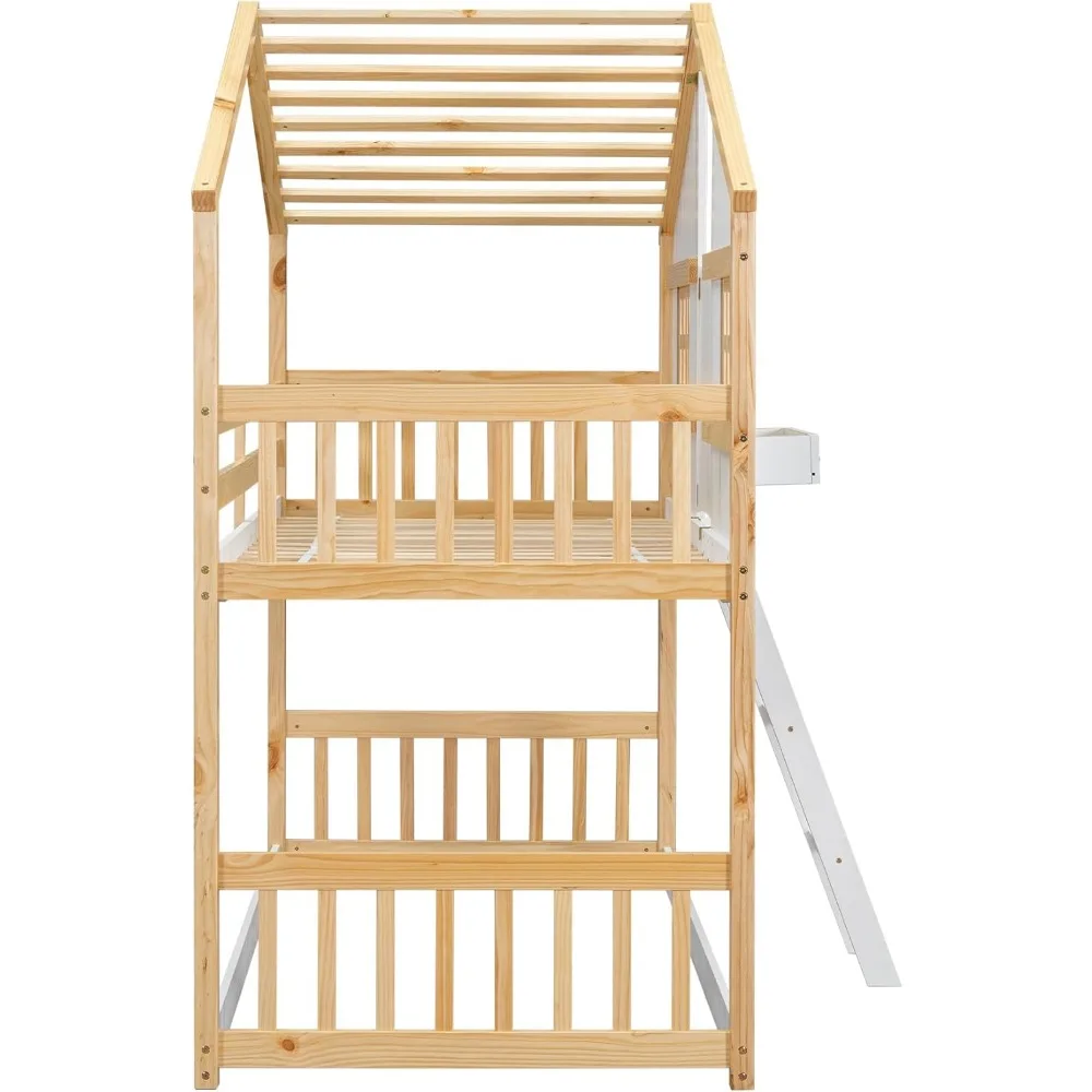 House Bunk Bed Twin Over Twin for Kids, Wood Bunk Beds with Roof, Windows, Window Box and Small Door, Floor Bunk Beds image 5