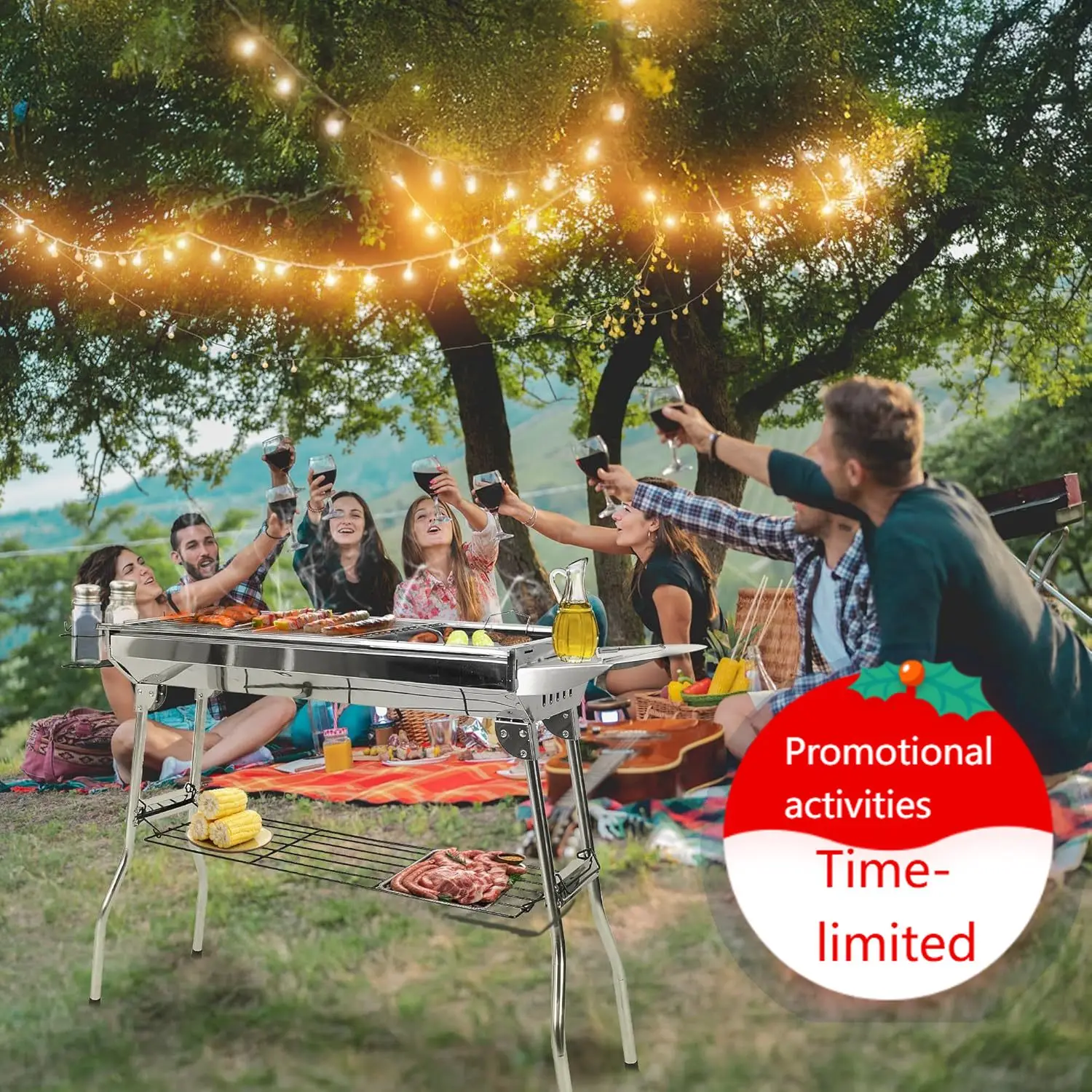 

Portable Charcoal Grill, Large Stainless Steel Folding BBQ Grill with Storage Shelf, Foldable Barbecue Grill for Outdoor Cooking