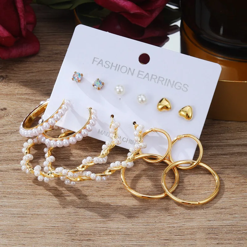 IFKM Boho Circle Hoop Earring Set Color oro donna Bohemia Pearl Vintage Heart Drop Earring Heart zircone Ear Studs Jewelry