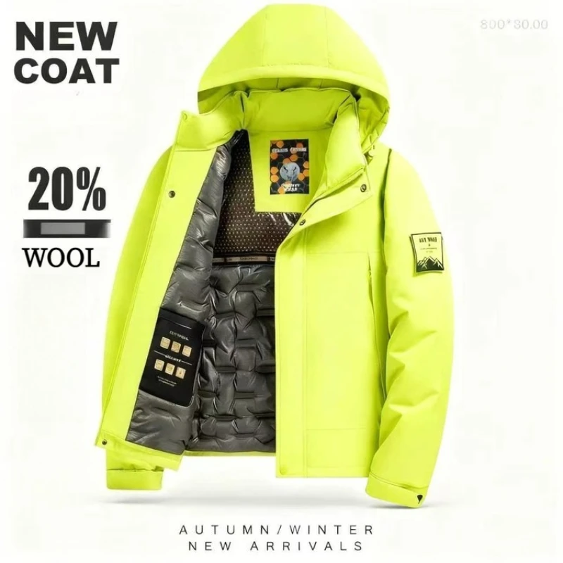 Men's 2025 Winter Fluorescent Green Wool Blend Cotton Jacket - Fluorescent Green (Black/Red/Khaki) Cotton-Padded Jacket​