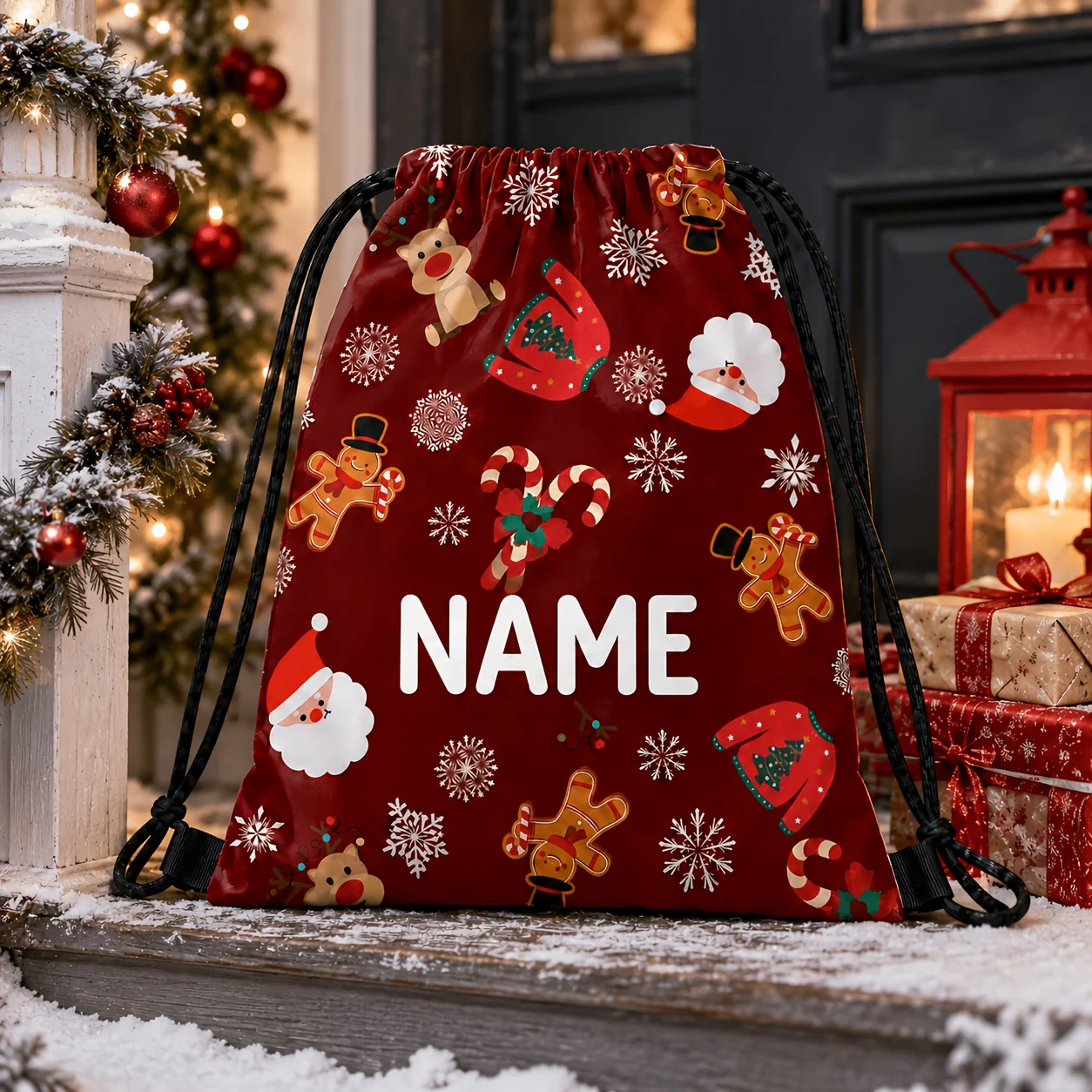 Personalized Christmas Drawstring Bag Custom Name Canvas Drawstring Bag for Christmas Holiday Party Favors Gifts for Family Kids