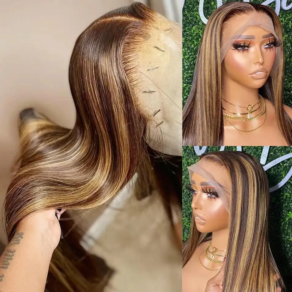 Colored Straight Frontal Wig 180 Density P4/27 Highlight Full Frontal Lace Preplucked HD Transparent Lace Human Hair Wigs