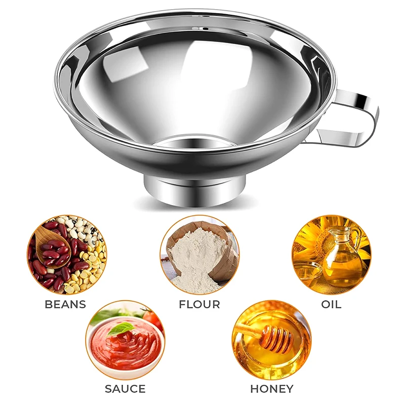 Very Popular 2 Size Stainless Steel Wide Mouth Canning Funnel Salad Dressing Liquid Funnel Hopper Filter Kitchen Tools Gadgets