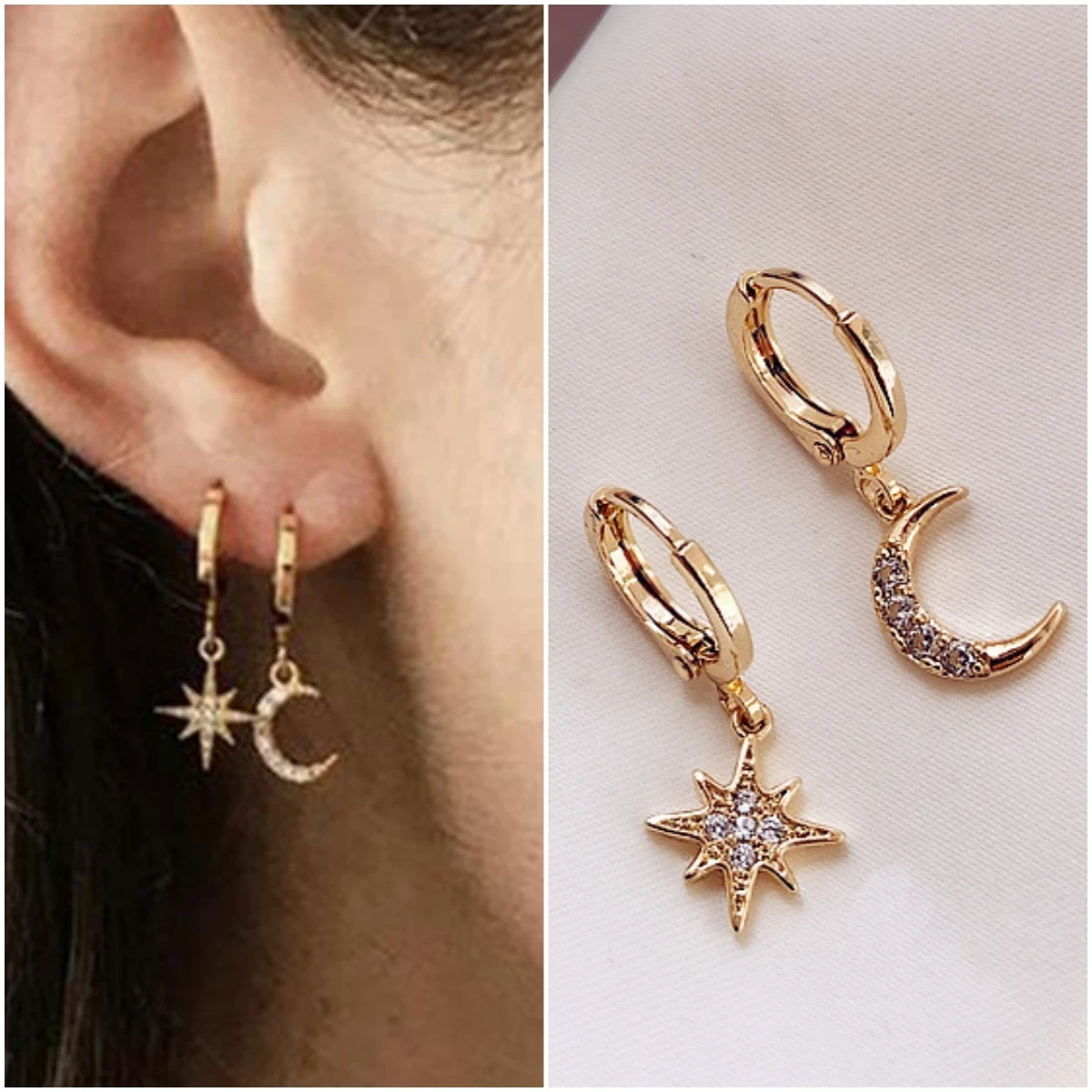 Retro Cute Star Moon Earrings for Women Trendy Asymmetric Geometry Crystal Long Tassel Drop Earrings Party Statement Jewelry