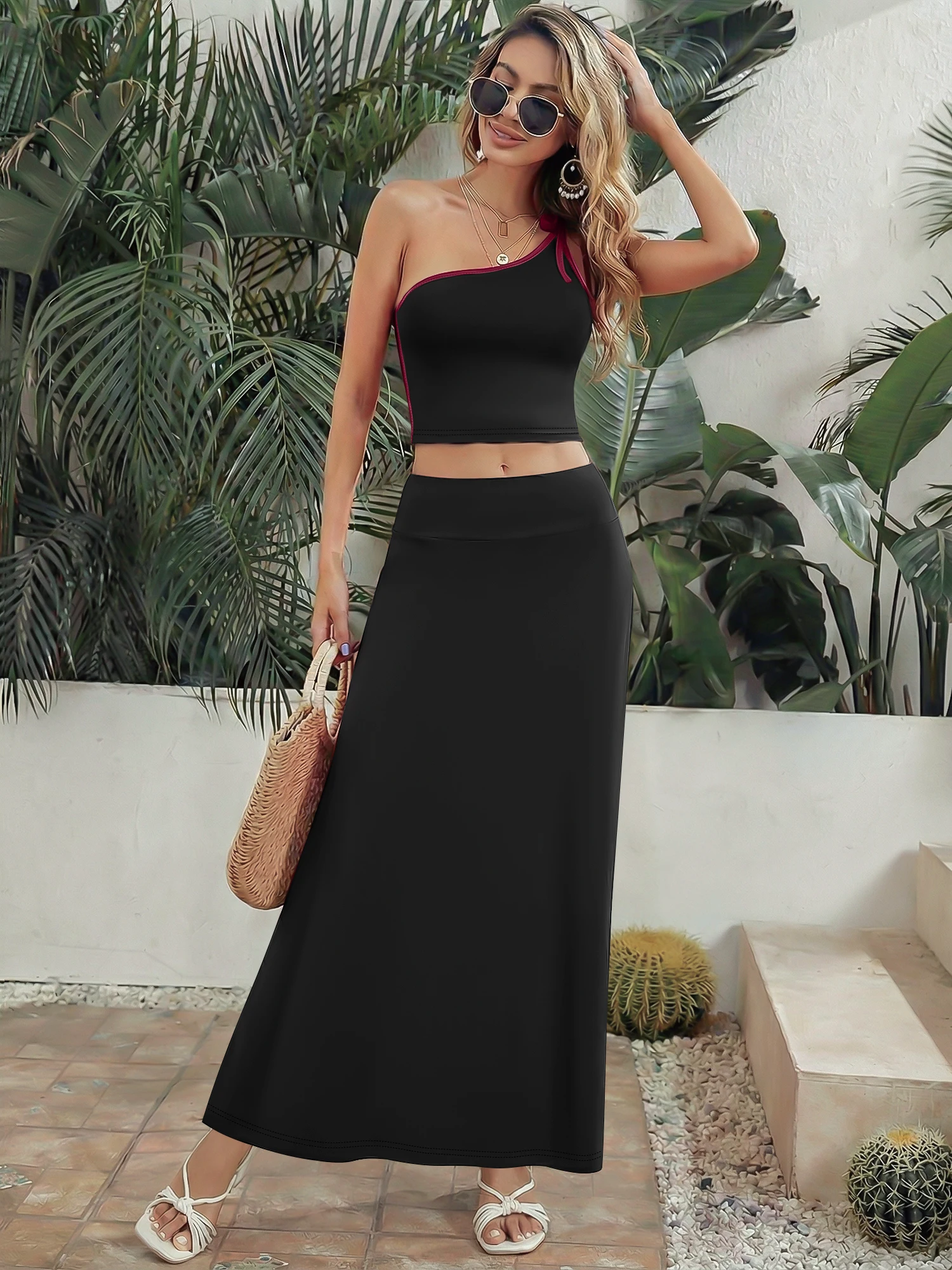 Eye-Catching Club Co Ord Set, One Shoulder Tie Detail Camisole, Stretchy Flowy Maxi Skirt, Summer Vacation Outfit