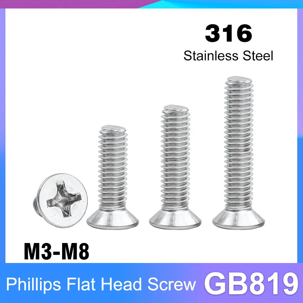 M3 M4 M5 M6 M8 GB819 316 Stainless Steel Cross Phillips Flat Countersunk Head Screw Bolt Lengthen=8-70mm
