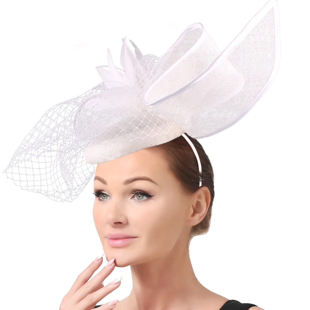 White Fascinator Hats Bridal Feather Women Hair Accessories Wedding Millinery Ornaments Headpieces Linen Dance Party Hairpins