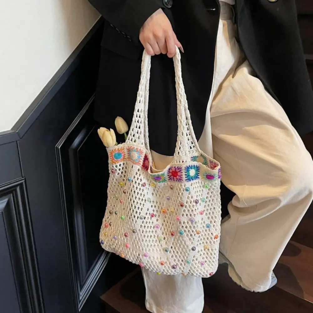 

Вязаная сумка на плечо в корейском стиле контрастного цвета, вязаная крючком большая сумка, однотонная универсальная повседневная тканая сумка