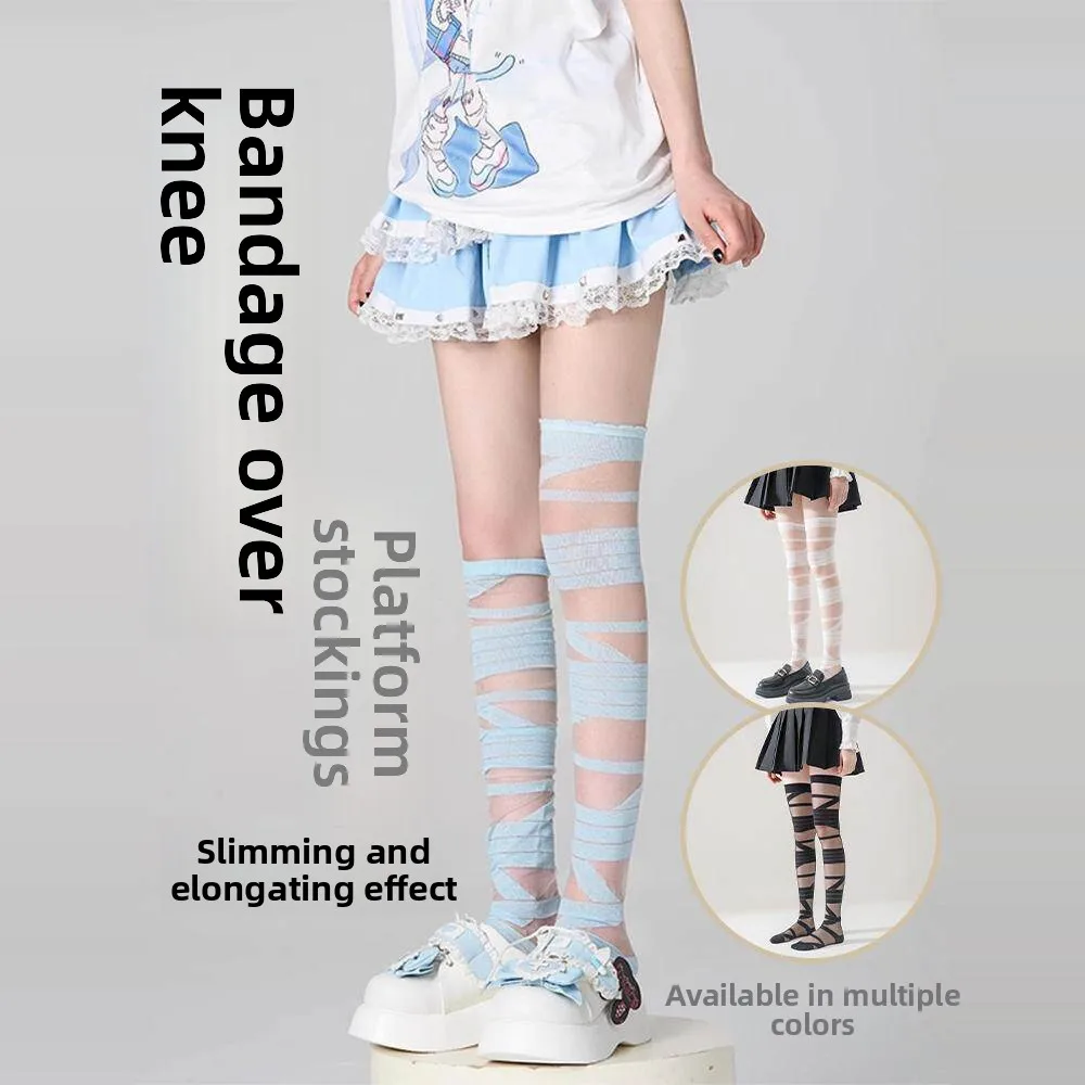 White Crossed Tie Leg Socks Blue Cotton Y2K Lolita Subculture over Knee Long Tube Socks Women's Spring Thin Strip Pattern
