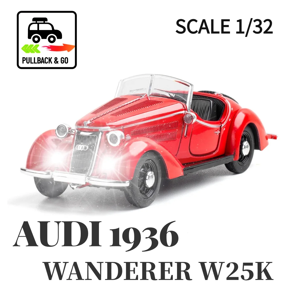 

1:32 Audi Wanderer W25K Roadster 1936 Pullback Car Toy with Lights Engine Sound Diecast Car Model Scale Replica Gift Kid Boy Toy