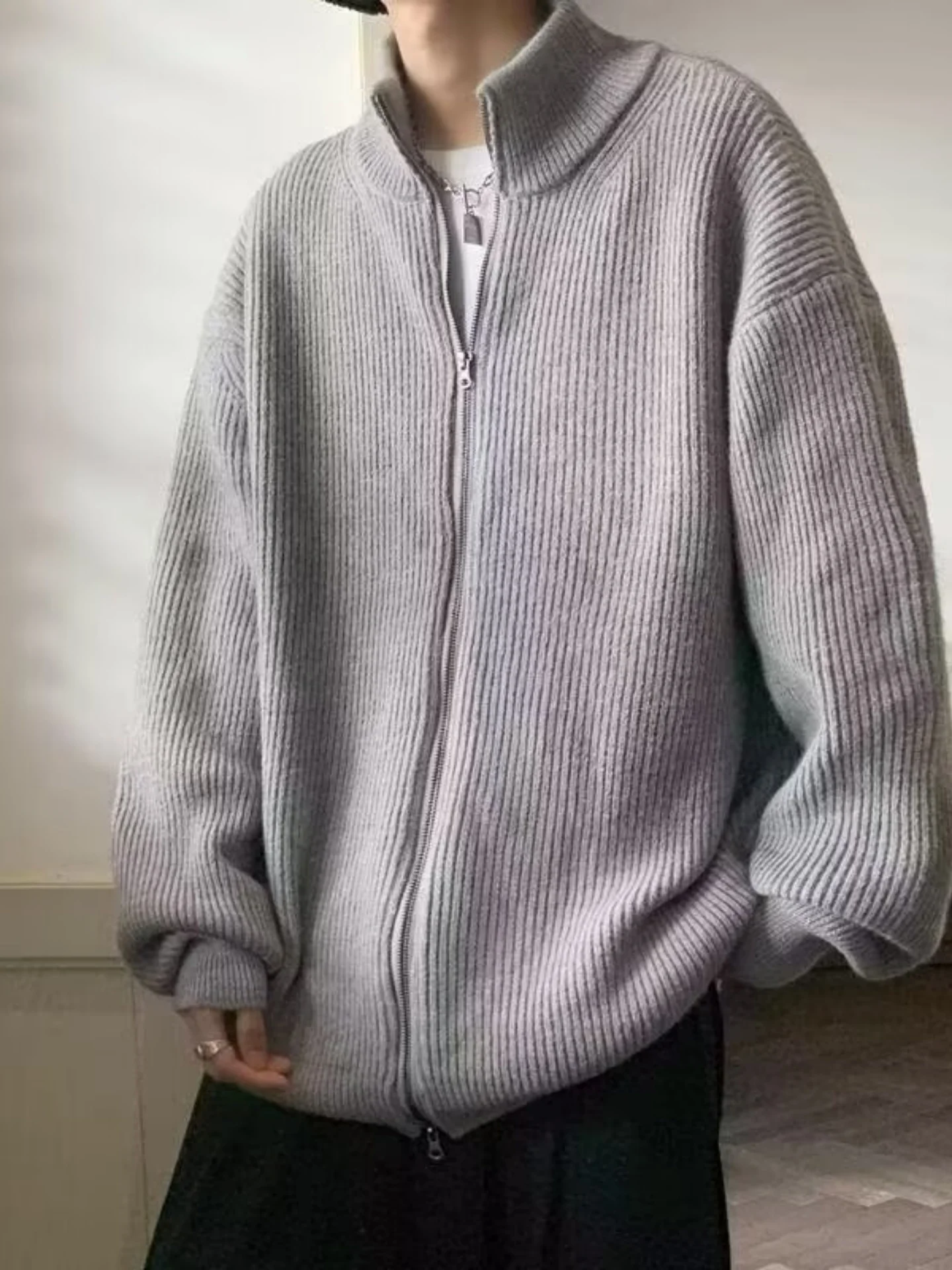 

Loose Fit Zipper Cardigan Knitted Jaet Men's Sle Casual Leisure f High Collar Sweater Autumn Season Comfortable Outerwear