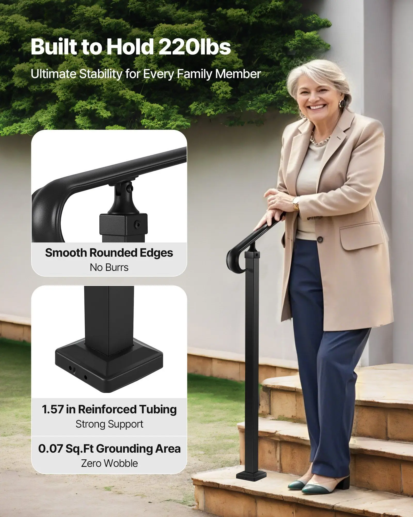 Pasamanos exterior de gran resistencia y baja para escalones, 2-3 niveles, 685 mm de alcance, capacidad de 220 lb, kit de fácil ajuste, negro mate