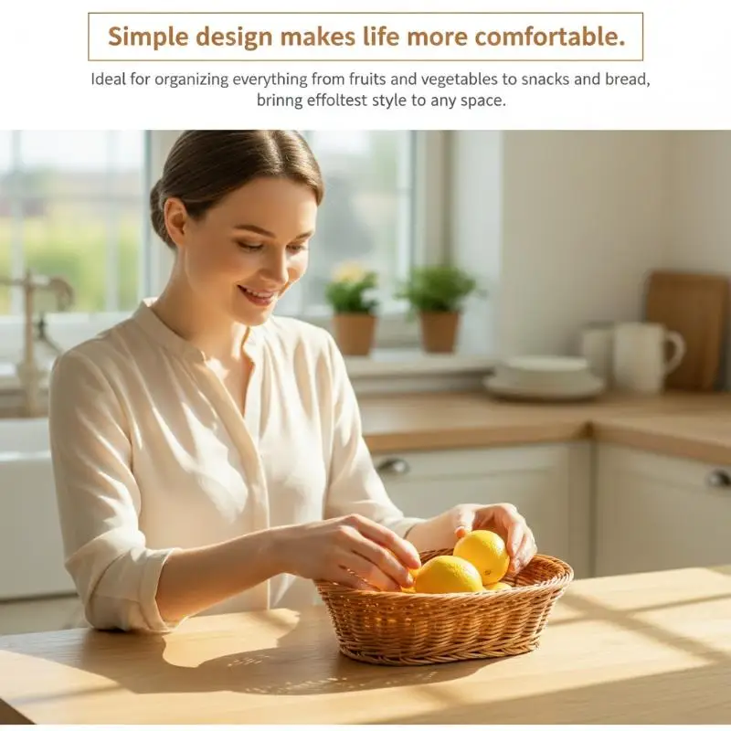 Handwoven Plastic Rattan Basket Heat Resistant Durable Food Holder for Kitchen Bread Fruits Snacks Countertop