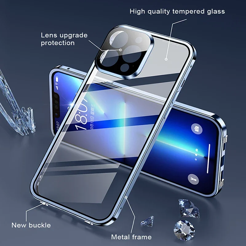 

For IPhone 14 13 12 11 Pro Max Shockproof Full Lens Protection Double Sided Buckle Magnetic Clear Case Lens Metal Cover