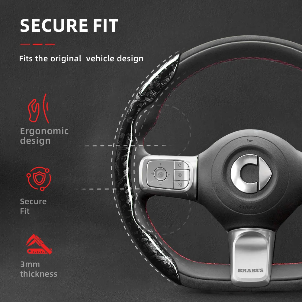 Suitable for Smart Forged Carbon Fiber Texture Steering Wheel Cover, Durable Snap-On Quick Installation for # 5 # 3 # 1 Fortwo 451 450 Forfour 453 Brabus Prime Roadster 452 Black Red Gold Car Interior Accessories