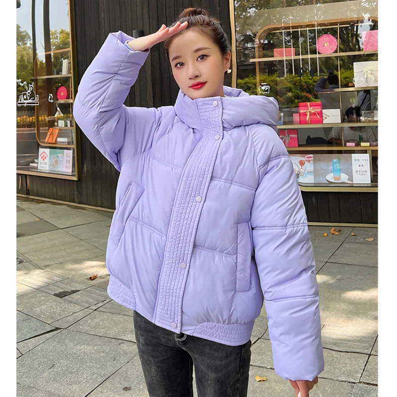 Korean Winter Coat Women Long Sleeve Hooded Parka Thick Warm Puffer Jacket Loose Casual Outerwear Black White Purple Jackets