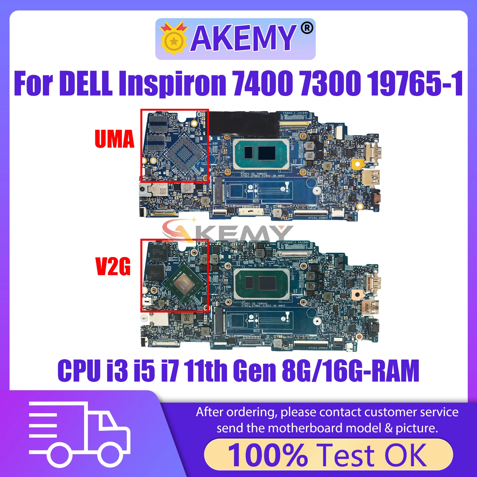 

AKEMY 19765-1 Laptop Motherboard For DELL Inspiron 7400 7300 5301 0X49H6 09JX16 Mainboard With CPU i3 i5 i7 11th Gen 8G/16G RAM