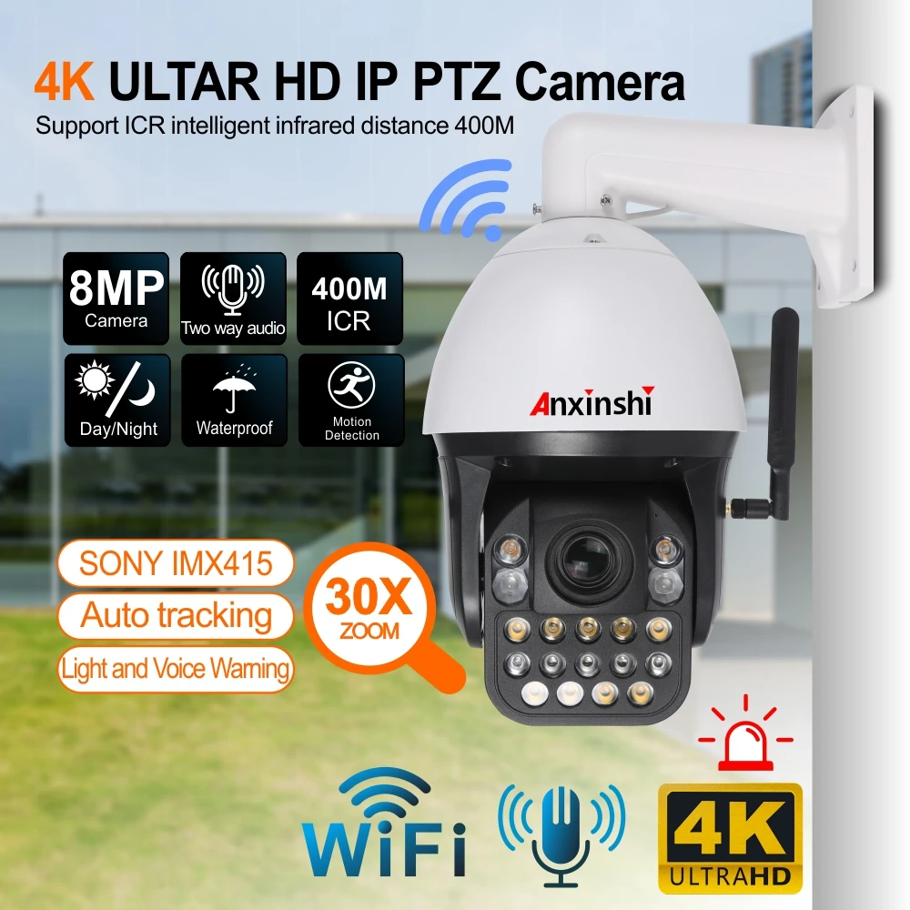Anxinshi Factory  Price 4K Auto Human tracking  light and  Voice Warning  same time Wifi PTZ Camera