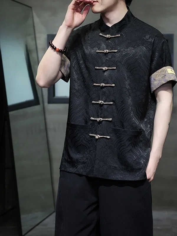 New Chinese Style Men's Ice Silk Short Sleeve Shirt Vintage Stand Collar Summer Fashion Loose Fit Soft Glow Gentleman's Wear