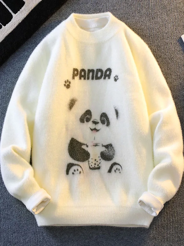 

Men's Thiened Polar Fce Knitwear Panda Embroidery Casual Sweater Warm Polyester Fiber round Ne Long Sve Faion Urb...