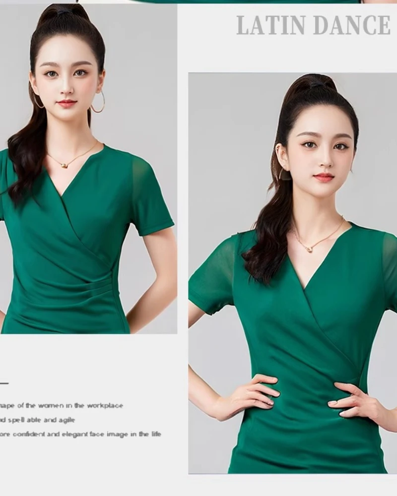 Tops de baile latino para mujer, vestidos de noche con cuello en V, camiseta de manga corta con volantes, Top de baile moderno, ropa de práctica de Samba, novedad de 2025