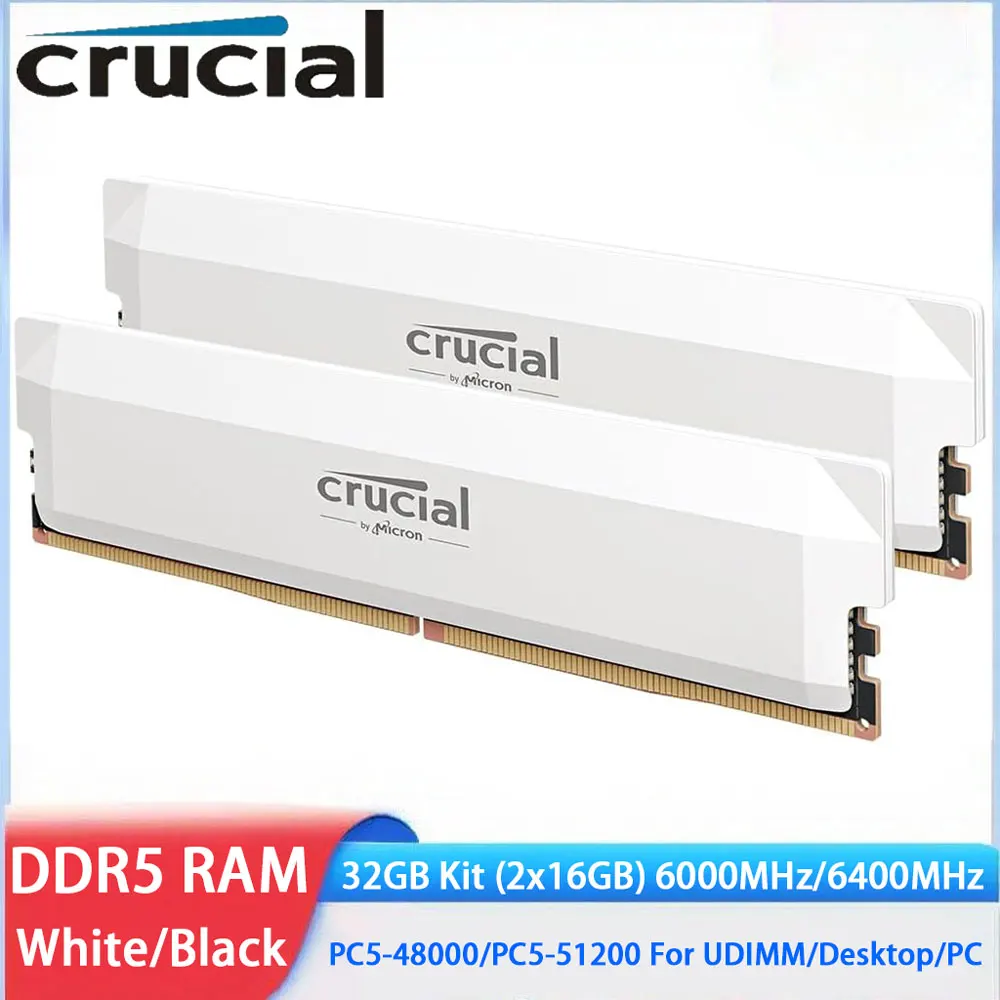 Crucial Memoria DDR5 Desktop RAM 32GB Kit 2x16GB 6000MHz 6400MHz PC5-48000 PC5-51200 288Pins UDIMM PC Memory For Intel&AMD DIMM