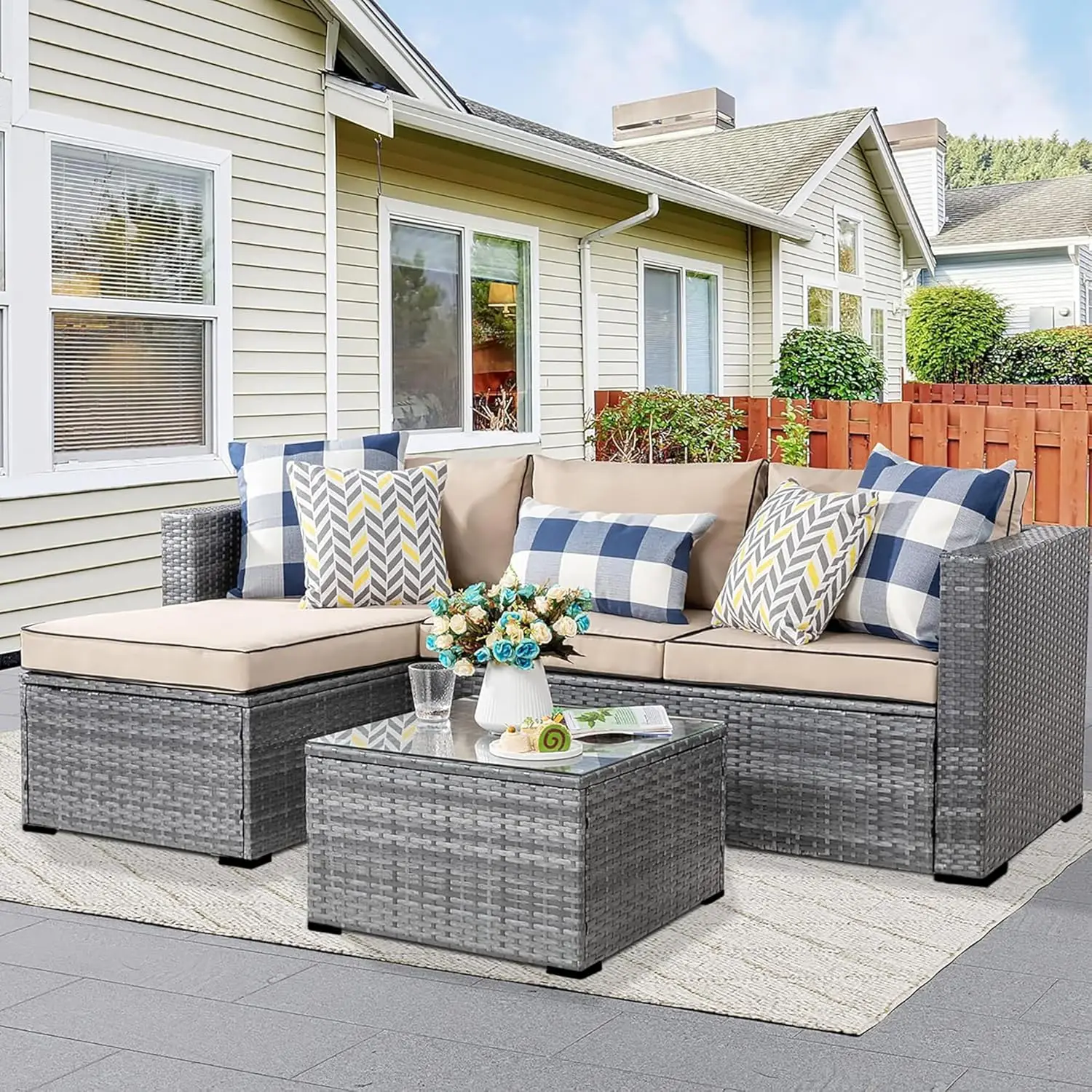 

3 Pieces Patio Furniture Set,All-Weather Rattan Patio Conversation Set,Outdoor Sectional Silver Wicker Patio Couch with Washabl