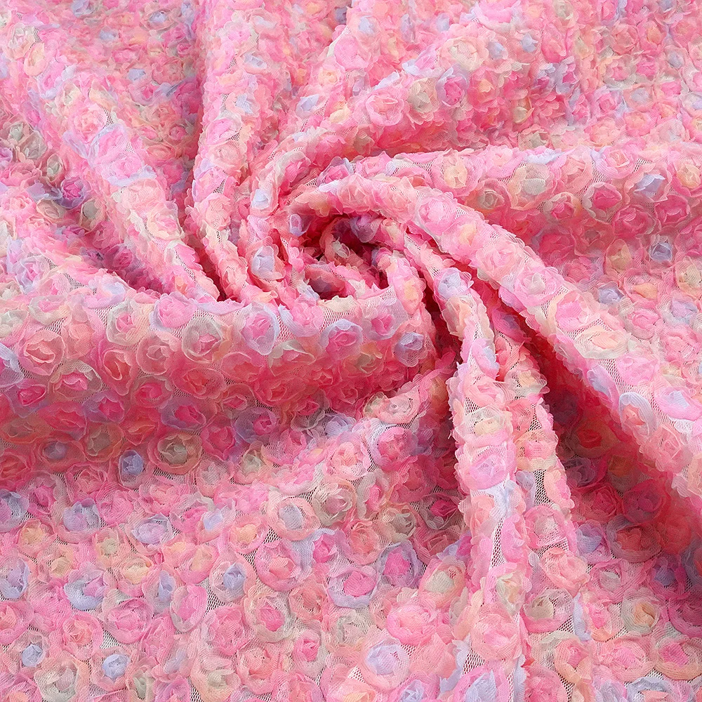 

Encrypted colorful disc embroidery three-dimensional peony rose hollow chiffon fabric, wedding mesh embroidery fabric