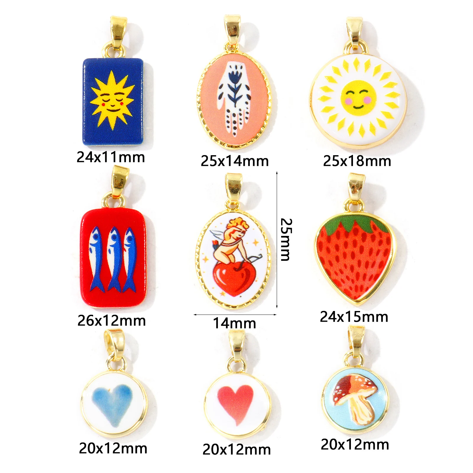 2pcs New 18K Gold Plated Charms Multicolor Sun Heart Fish Printed Geometric Pendants For Women DIY Necklace Earring Jewelry
