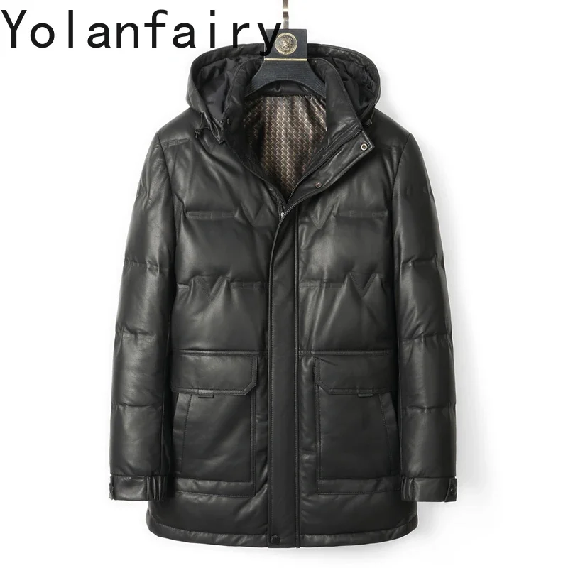 

Winter New Genuine Leather Jackets for Men Clothing Men's Sheepskin 90% White Duck Down Jacket Male Hood Detachable Warm Coat FC