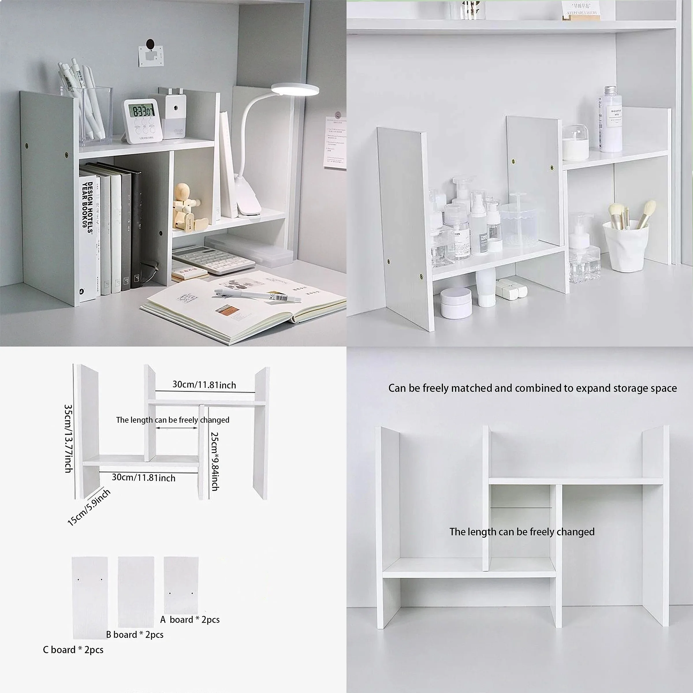 Expandable Desktop Bookshelf, Minimalist White Adjustable Desk Organizer with Multi Compartments, Storage Rack for Books Station