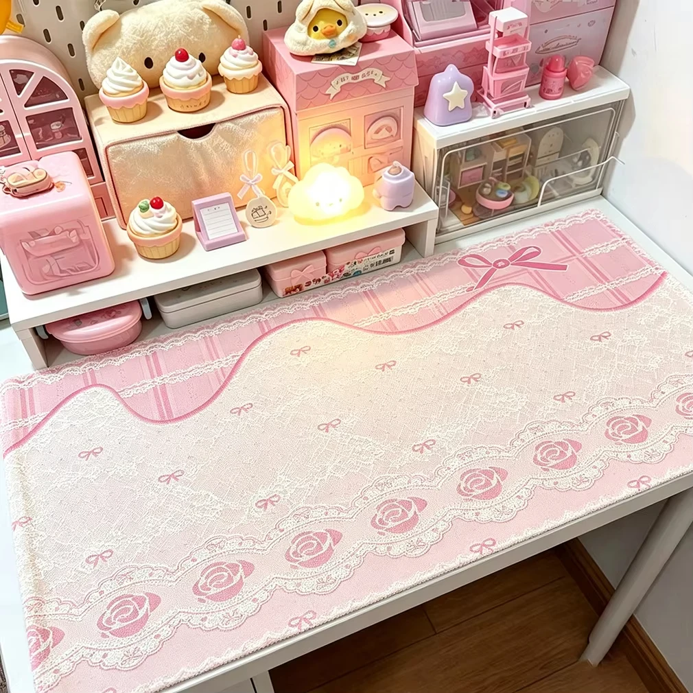 PU Leather Desk Pad Protector Y2K Lace Pink Grid Floral Rose Blue Bow Girl Polka Dots Mouse Pad Office Desk Mat Desk Blotter Pad