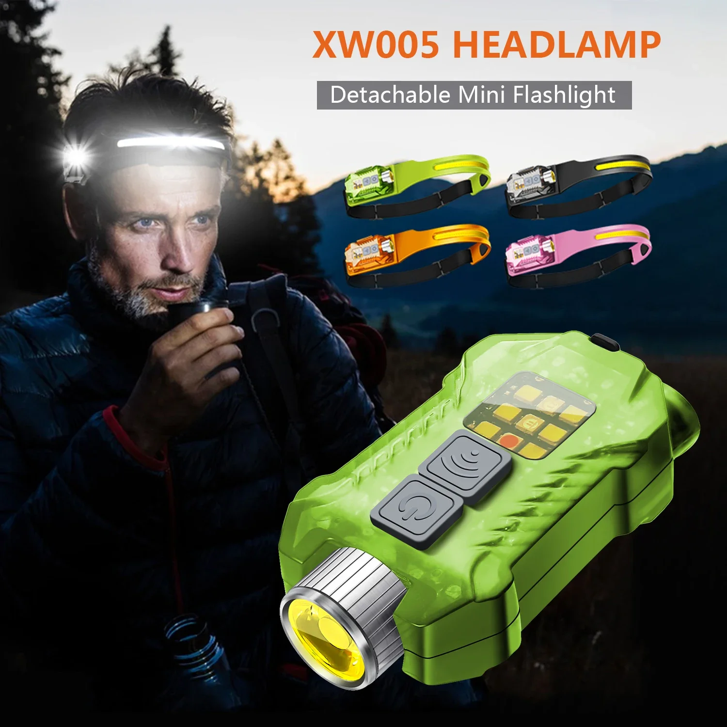 BALDR XW005 Detachable Flashlight Split Sensing Headlamp USB Rechargable LED Flashlight COB Work Light with Tail Magnet UV Light