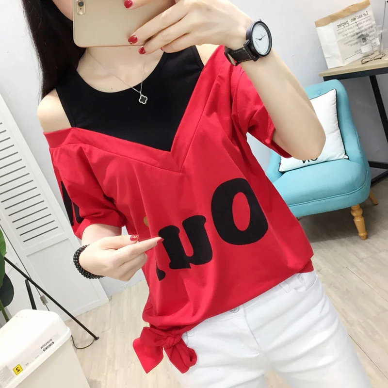 2024 Summer Korean Short-sleeved T-shirt Women\'s O- Neck Cotton T-shirt Fake Two-piece Loose Letter Shoulder Drop Strap Top