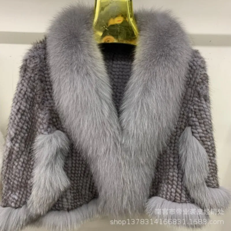 

Luxury Real Mink Fur Poncho Knit 100% Real Mink Fur Shawl Natural Fox Fur Collar Cape Winter Scarfs High Quality Fluffy Jacket