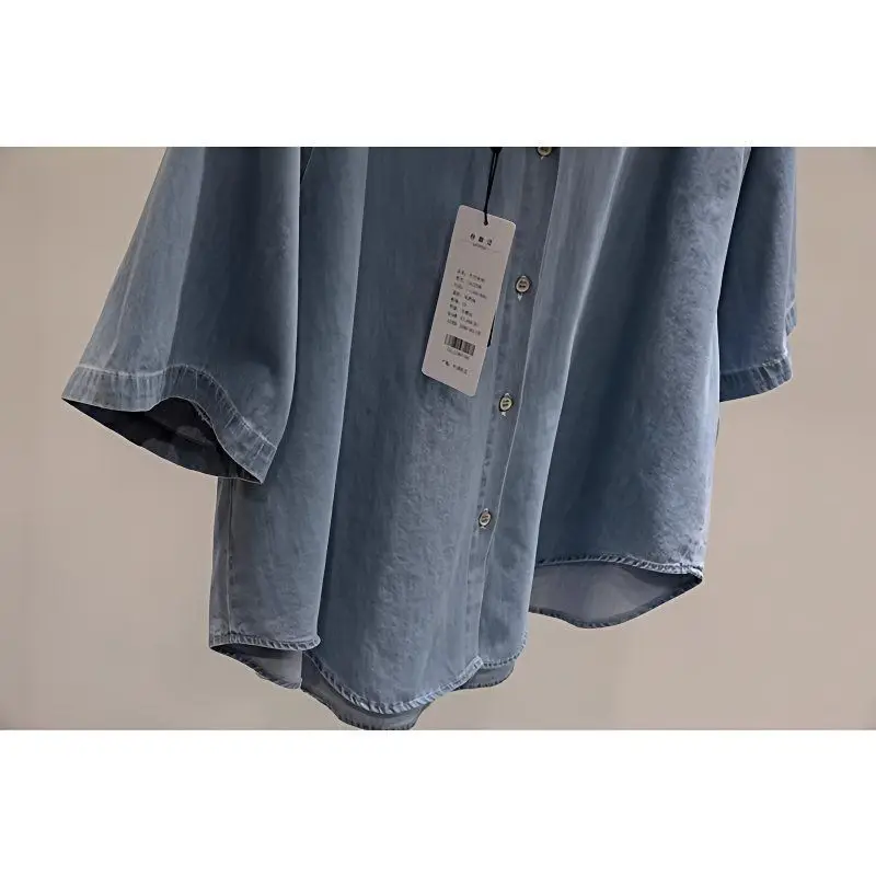 Spring Summer plus Size Casual Shirt Loose Fit Short Sleeve Denim Lyocell Fabric Slimming Top for plus Size Women