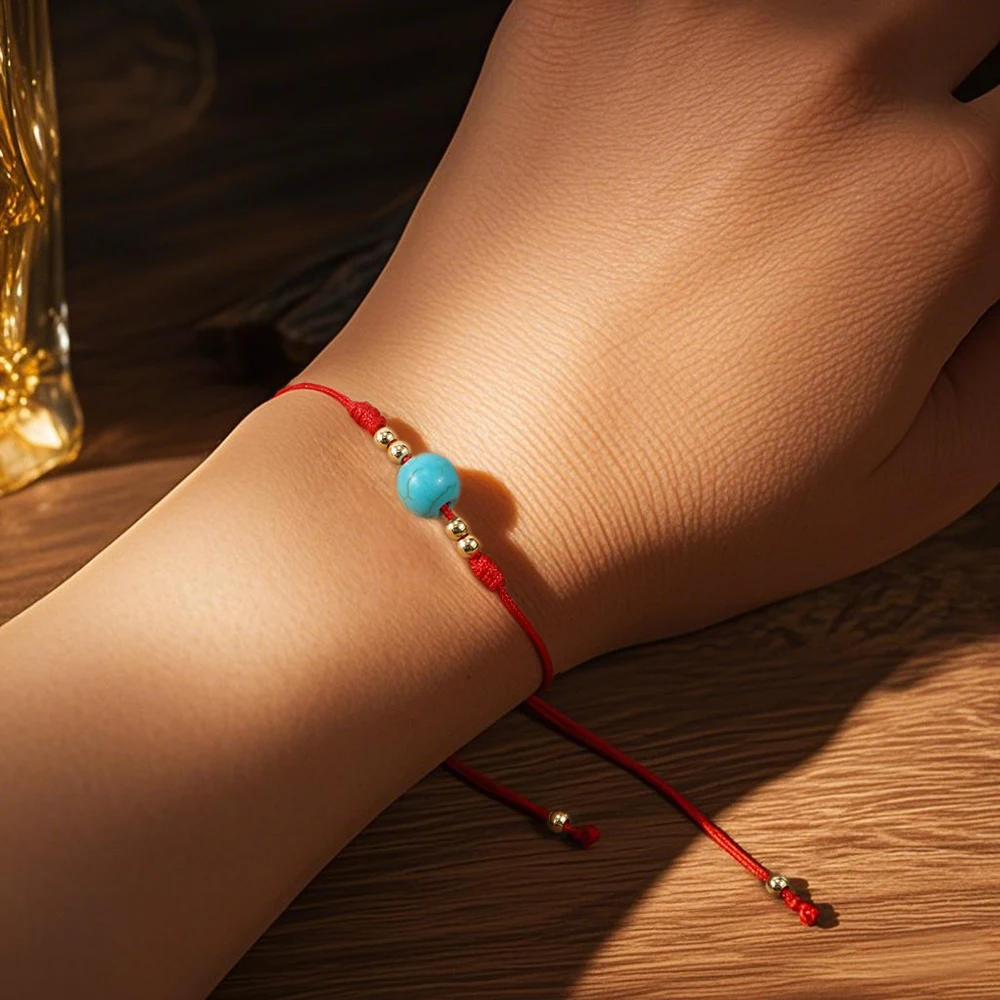 

1 PC Casual Fashion Turquoise Bead and Gold Accents Simple Minimalist Jewelry Adjustable Red Cord Bracelet for Women Accessory