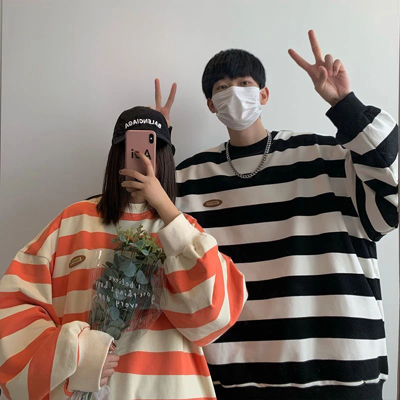 Fall Striped Print Men Long Sleeve O Neck T Shirt Fashion Harajuku Casual Oversize Couple Clothes Pullover Punk Streetwear Black