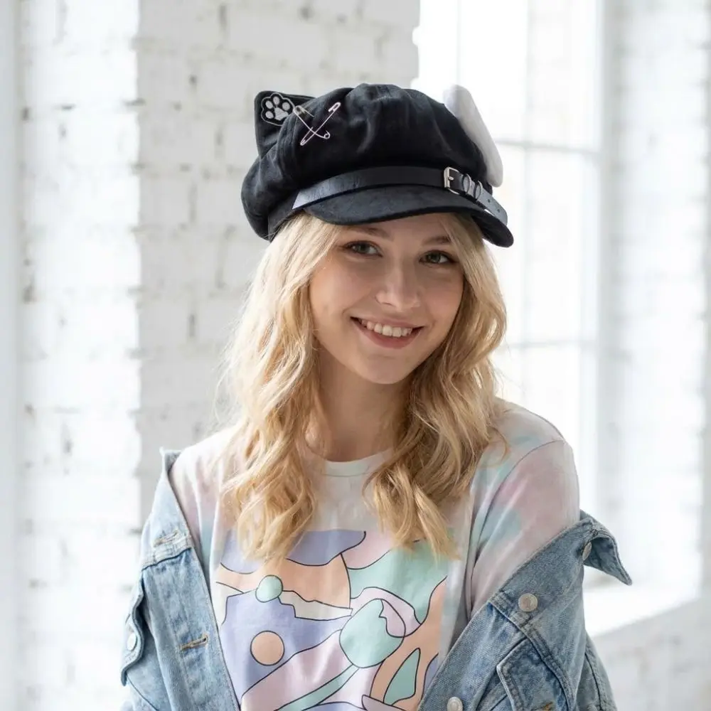 Popular Cat Ears Women's Beret Japanese Style Anime Newsboy Cap Cat Paw Pattern Sweet Baseball Cap Everyday Outfits