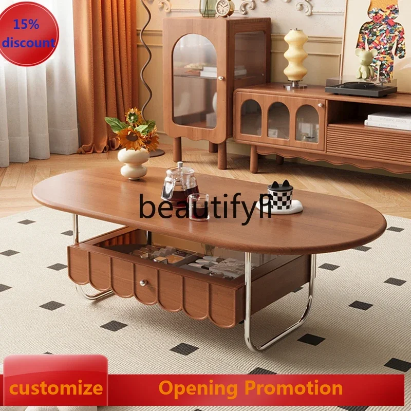 

French retro minimalist style solid wood medieval coffee table oval wabi sabi small tea table G1218