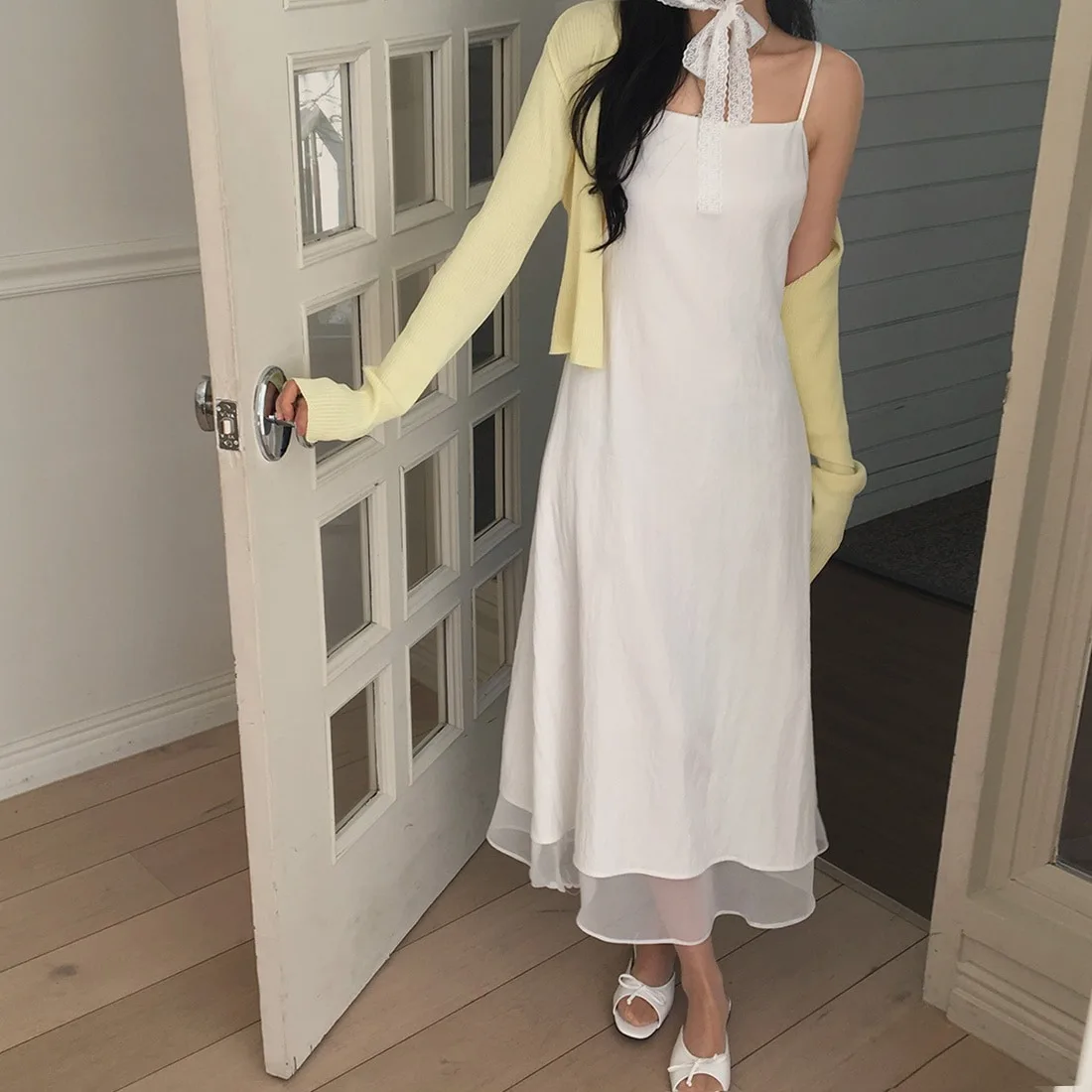 Sweet Chic Summer New A-Line Dr Women's Strapl White Long Dr Korean Sle ملابس غير رسمية للتصوير الفوتوغرافي في شارع المدرسة...